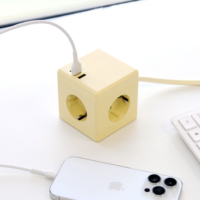 큐브 디자인 멀티탭 USB C타입 3구 1.8M 옐로우