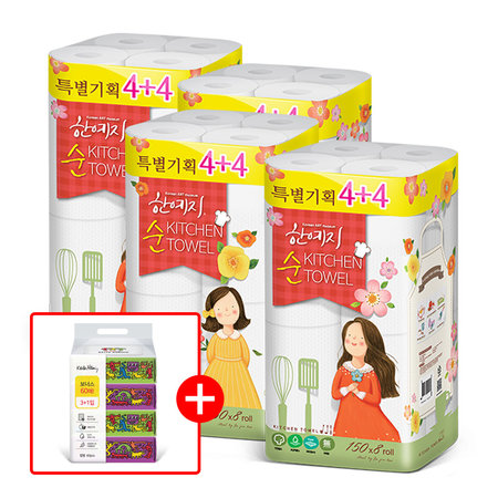 XXX종료XXX[물티슈 증정] 순 천연펄프 키친타올 150매 8롤 4팩